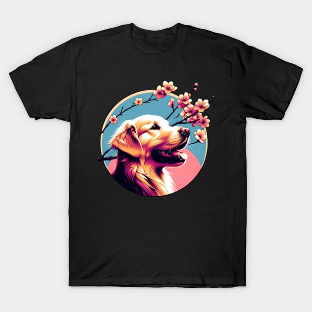 Joyful Golden Retriever with Spring Cherry Blossoms T-Shirt by ArtRUs